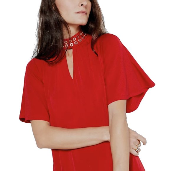 NWT Womens Size Medium MICHAEL Michael Kors Red Grommet-Neck Keyhole Mini Dress - Picture 2 of 3